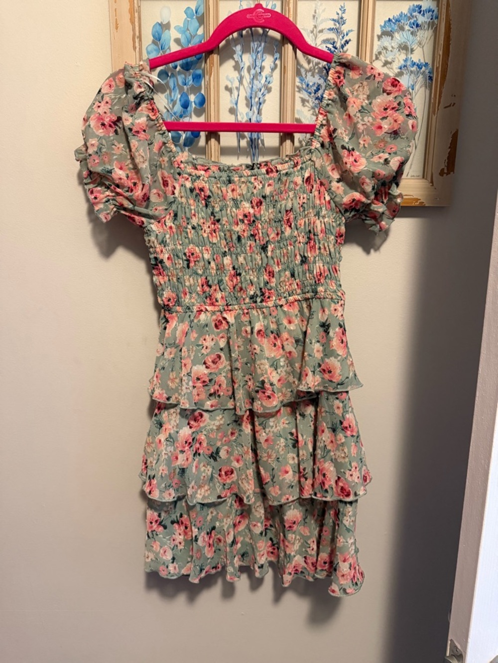 Floral Tiered Puff Sleeve Mini Dress - Mint & Pink